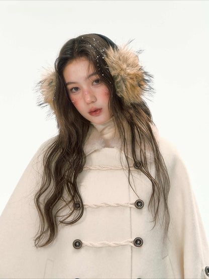 CANSTORE - "Pine Reverie" Ivory Wool-Blend Cape Coat with Faux Fur Collar