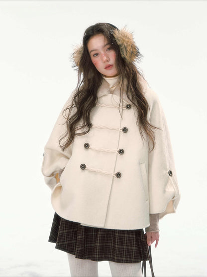 CANSTORE - "Pine Reverie" Ivory Wool-Blend Cape Coat with Faux Fur Collar