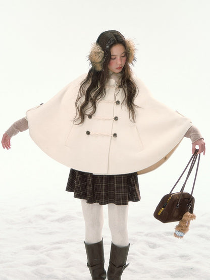 CANSTORE - "Pine Reverie" Ivory Wool-Blend Cape Coat with Faux Fur Collar