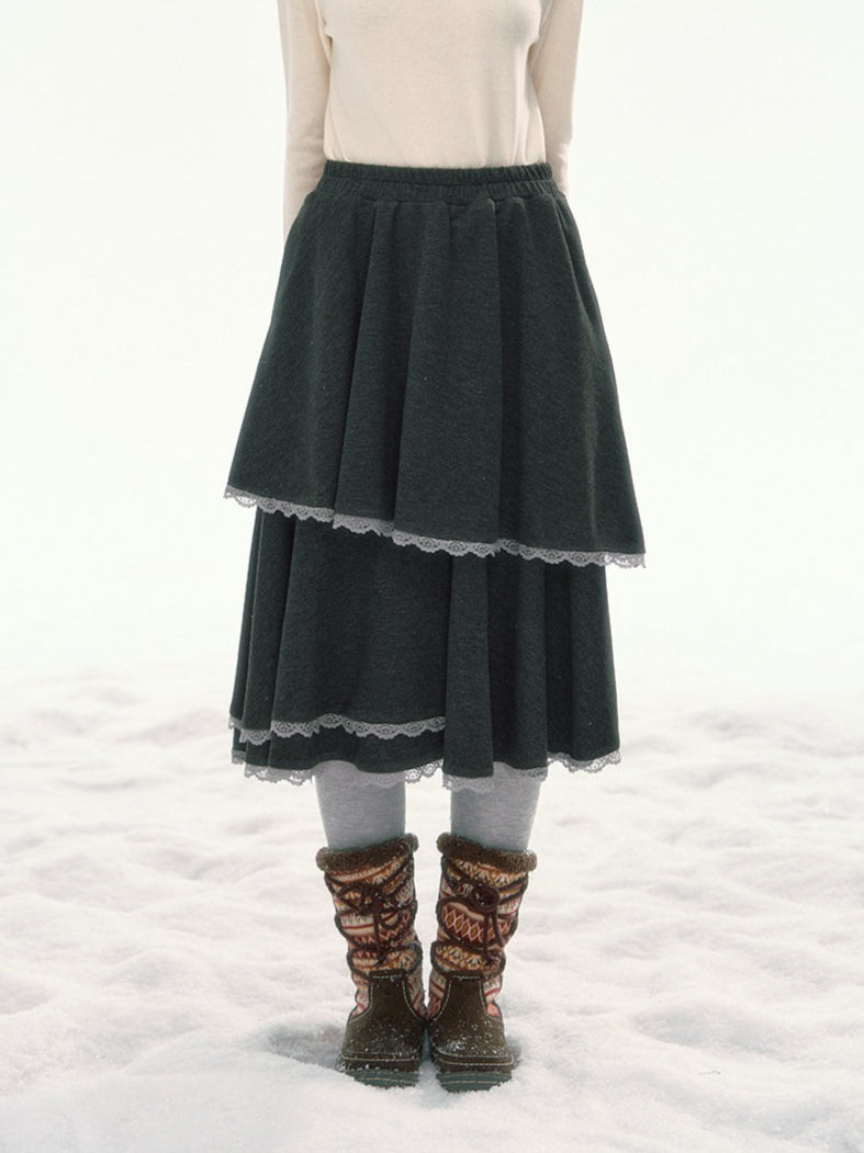 CANSTORE - "Shadow Muse" Dark Gray Layered Ruffle Midi Skirt with Lace Trim