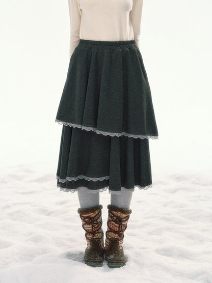 CANSTORE - "Shadow Muse" Dark Gray Layered Ruffle Midi Skirt with Lace Trim