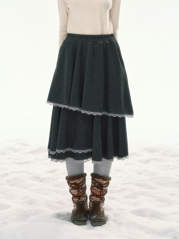 CANSTORE - "Shadow Muse" Dark Gray Layered Ruffle Midi Skirt with Lace Trim