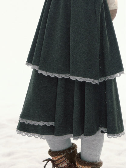 CANSTORE - "Shadow Muse" Dark Gray Layered Ruffle Midi Skirt with Lace Trim