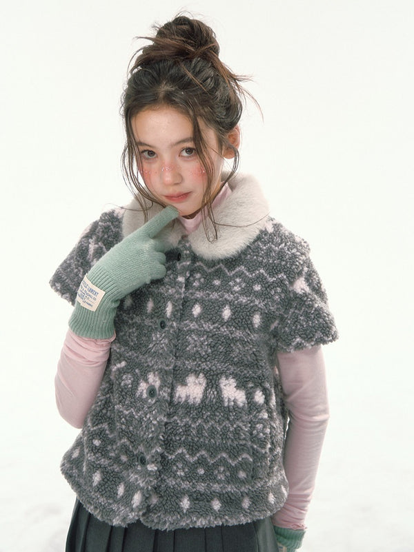 CANSTORE - "Snow Isle Cat" Gray Fair Isle Fuzzy Short-Sleeve Knit Jacket