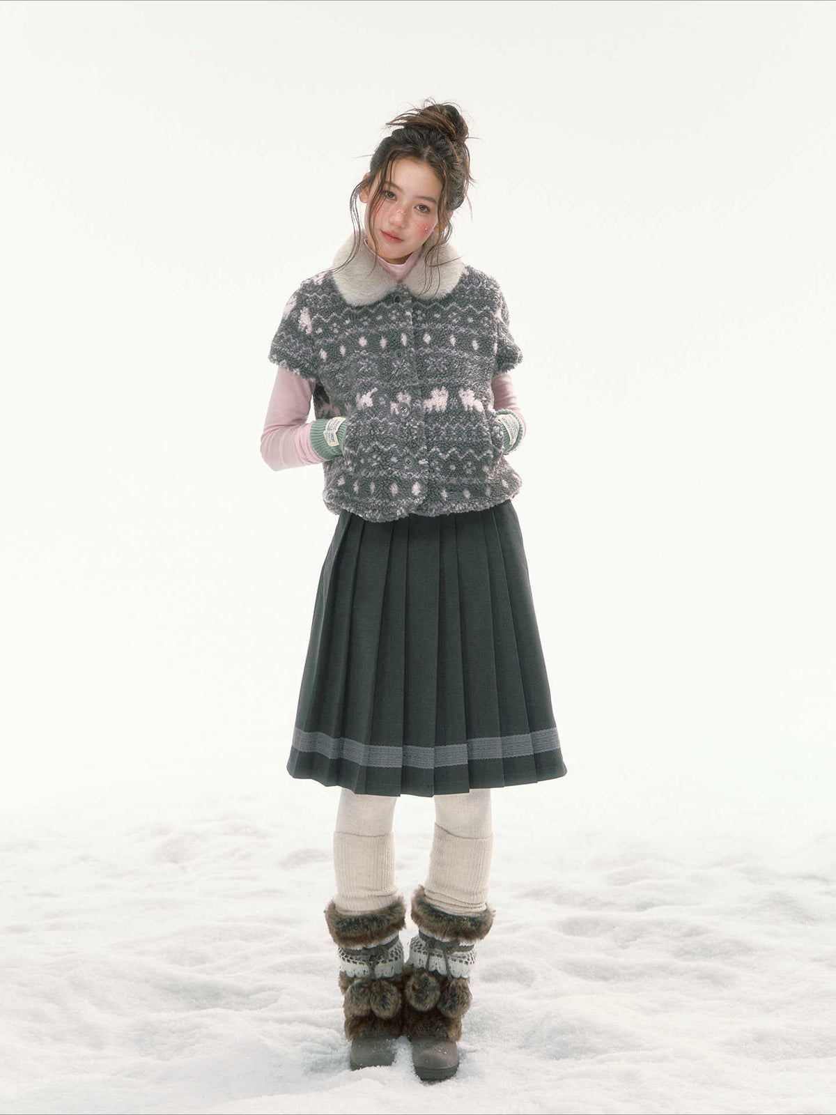 CANSTORE - "Snow Isle Cat" Gray Fair Isle Fuzzy Short-Sleeve Knit Jacket