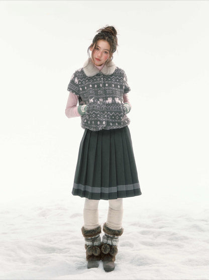 CANSTORE - "Snow Isle Cat" Gray Fair Isle Fuzzy Short-Sleeve Knit Jacket