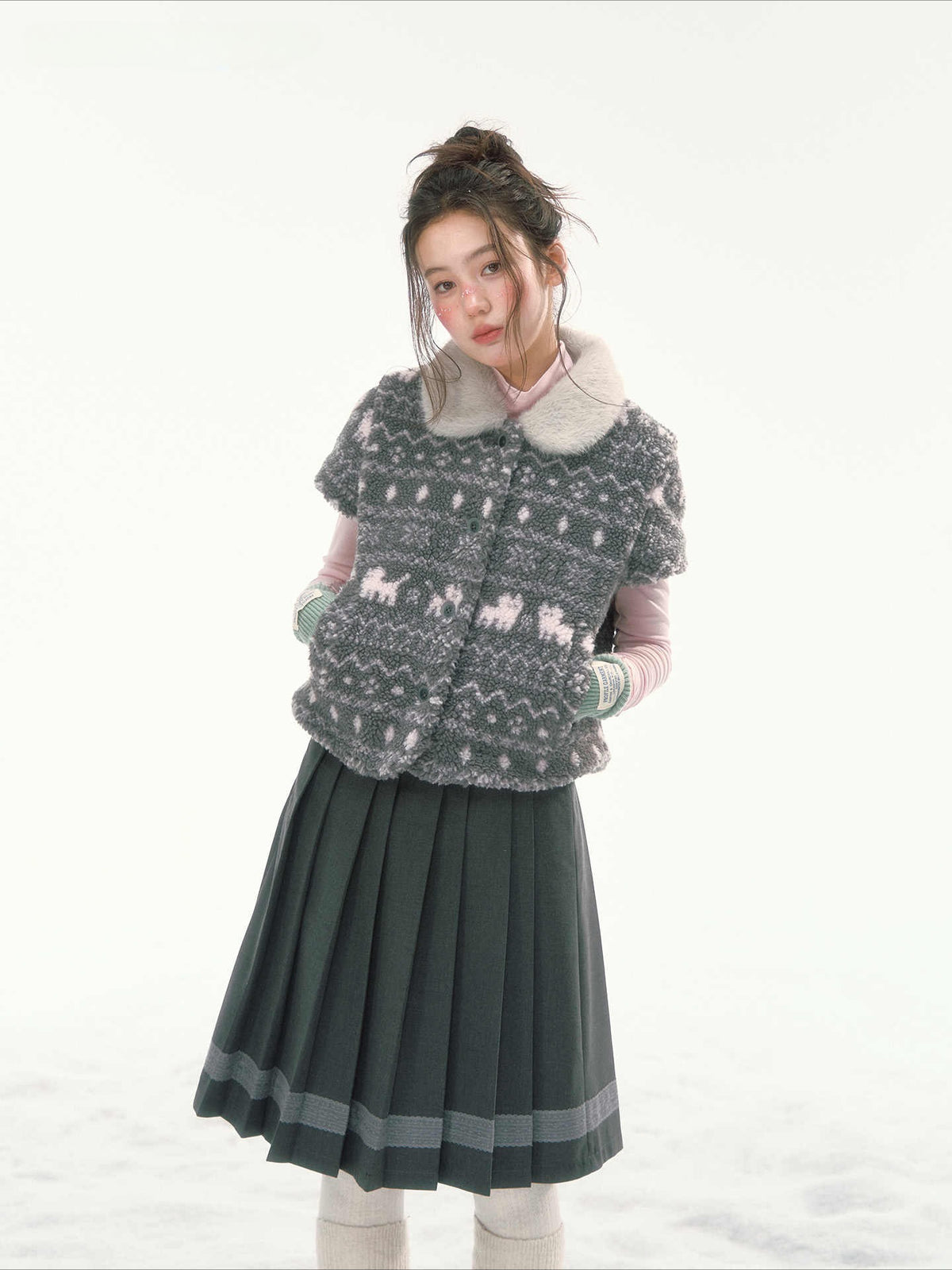 CANSTORE - "Snow Isle Cat" Gray Fair Isle Fuzzy Short-Sleeve Knit Jacket