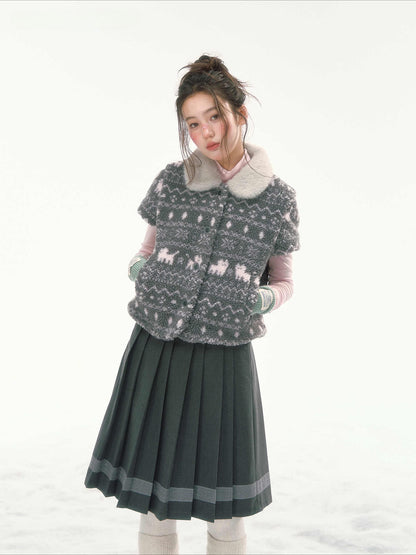 CANSTORE - "Snow Isle Cat" Gray Fair Isle Fuzzy Short-Sleeve Knit Jacket