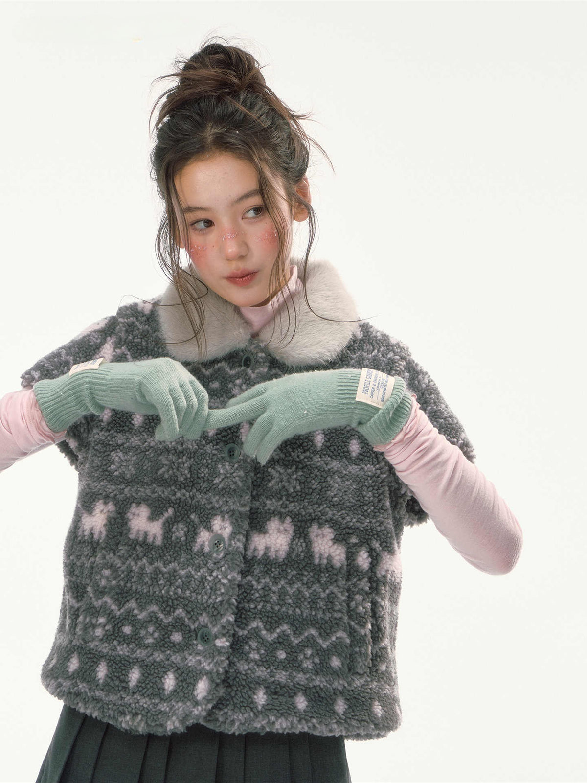 CANSTORE - "Snow Isle Cat" Gray Fair Isle Fuzzy Short-Sleeve Knit Jacket