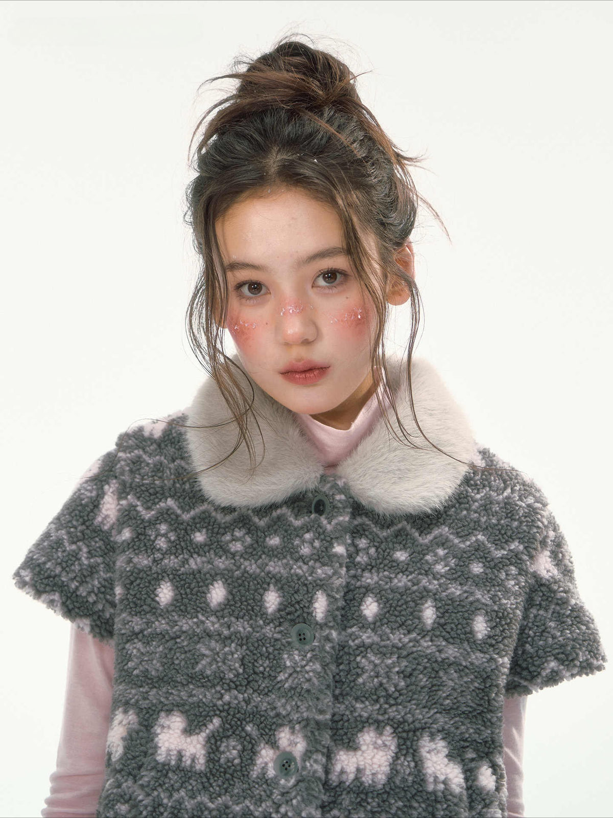 CANSTORE - "Snow Isle Cat" Gray Fair Isle Fuzzy Short-Sleeve Knit Jacket