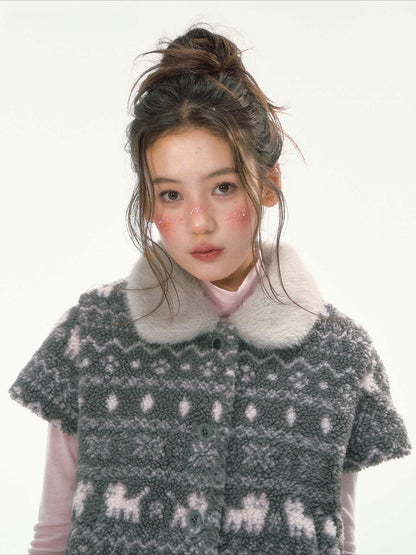 CANSTORE - "Snow Isle Cat" Gray Fair Isle Fuzzy Short-Sleeve Knit Jacket