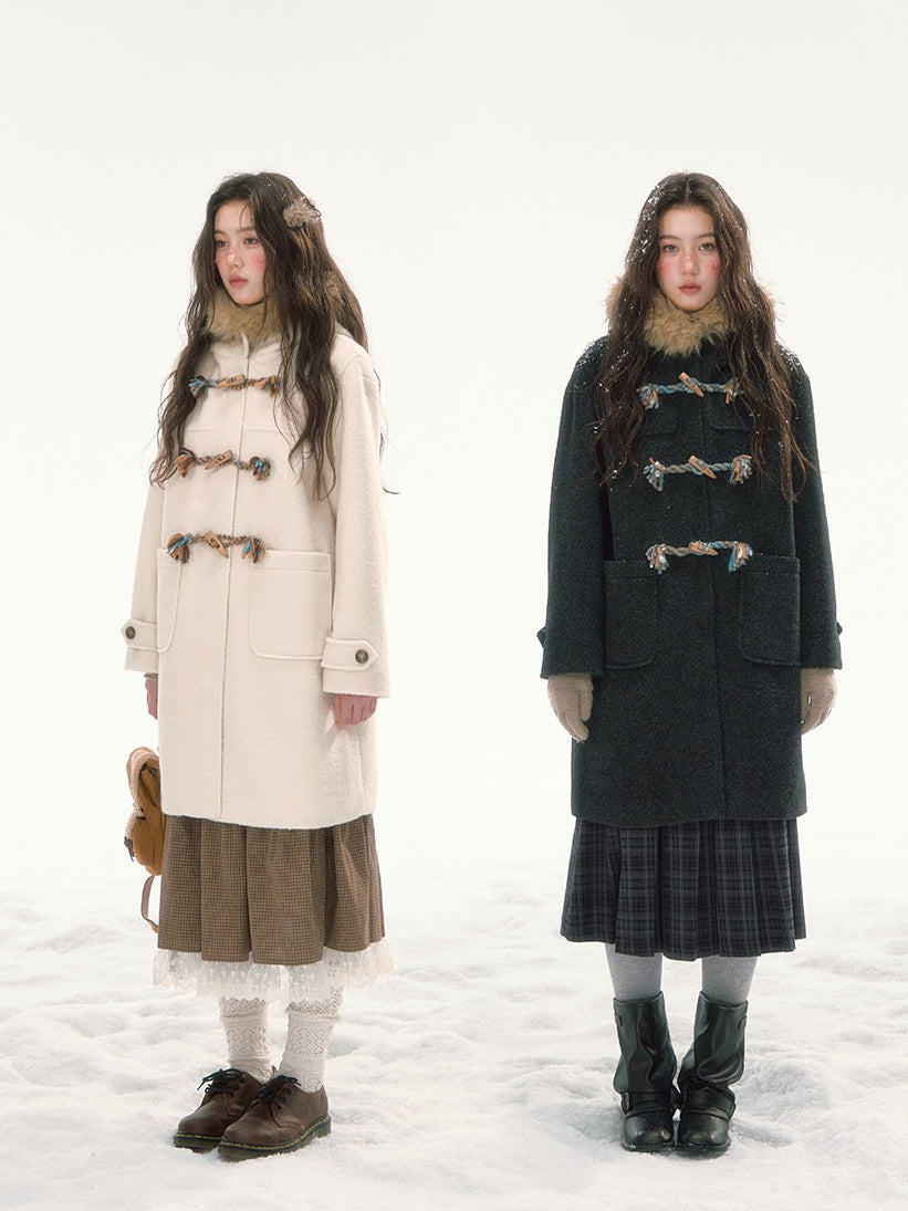 CANSTORE - "Winterland Journey" Black Hooded Wool-Blend Coat with Detachable Faux Fur Collar