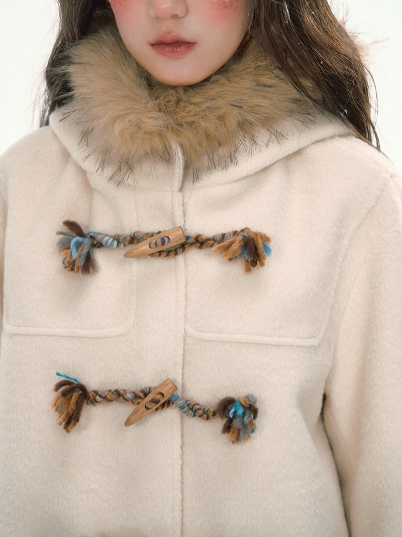 CANSTORE - "Winterland Journey" Ivory Hooded Wool-Blend Coat with Detachable Faux Fur Collar