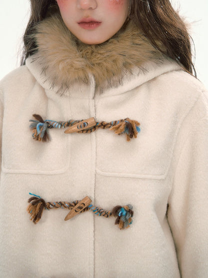 CANSTORE - "Winterland Journey" Ivory Hooded Wool-Blend Coat with Detachable Faux Fur Collar