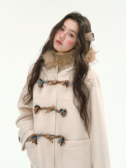 CANSTORE - "Winterland Journey" Ivory Hooded Wool-Blend Coat with Detachable Faux Fur Collar