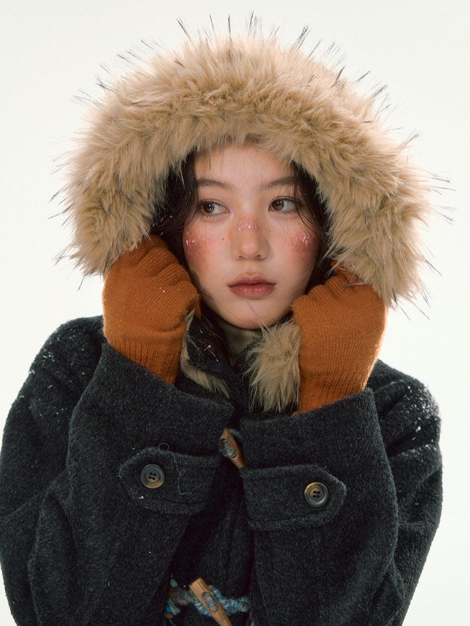 CANSTORE - "Winterland Journey" Black Hooded Wool-Blend Coat with Detachable Faux Fur Collar