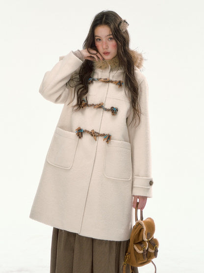 CANSTORE - "Winterland Journey" Ivory Hooded Wool-Blend Coat with Detachable Faux Fur Collar