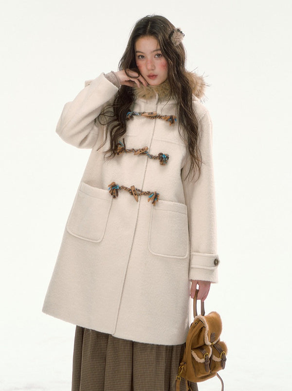 CANSTORE - "Winterland Journey" Ivory Hooded Wool-Blend Coat with Detachable Faux Fur Collar