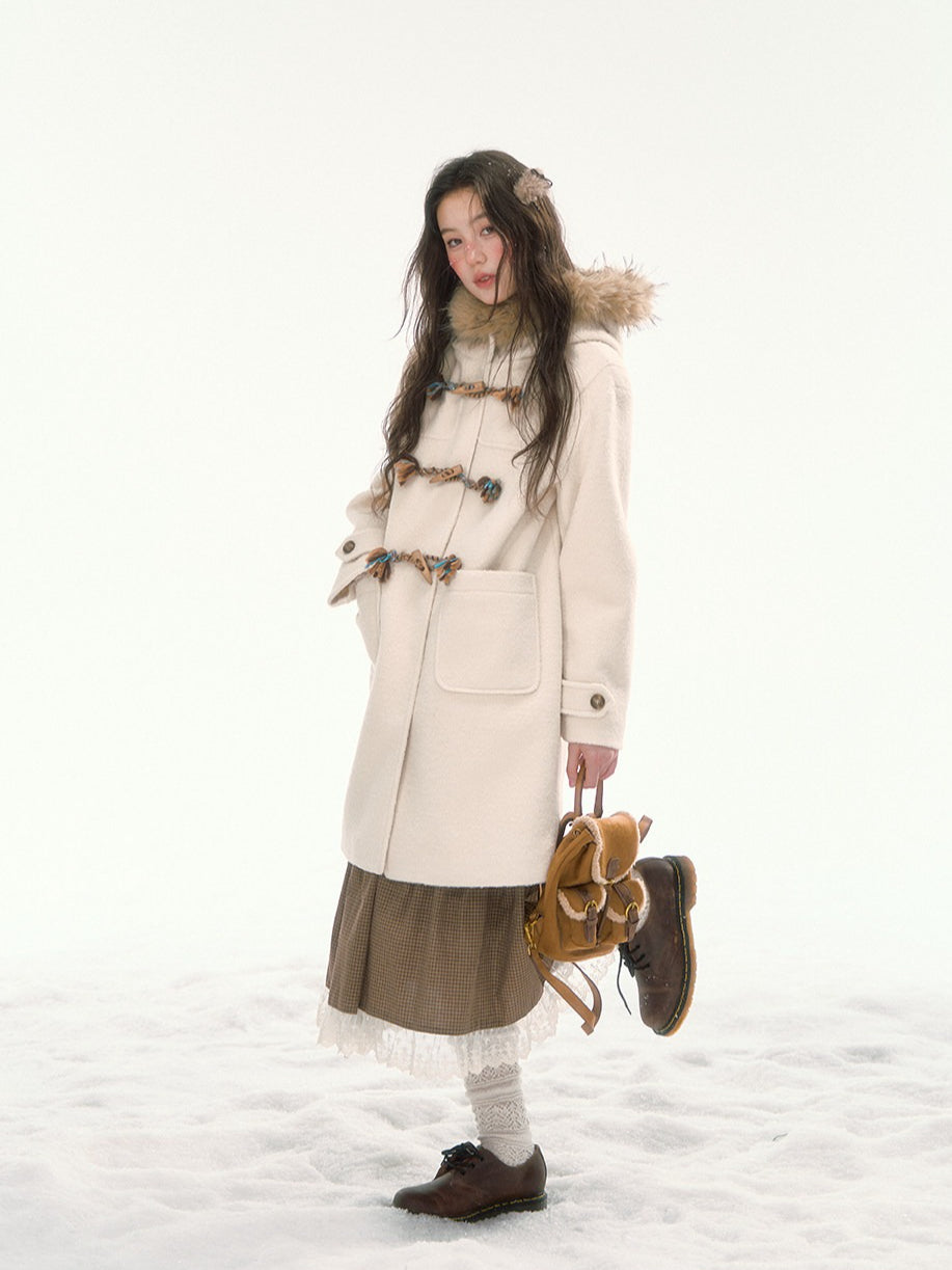 CANSTORE - "Winterland Journey" Ivory Hooded Wool-Blend Coat with Detachable Faux Fur Collar