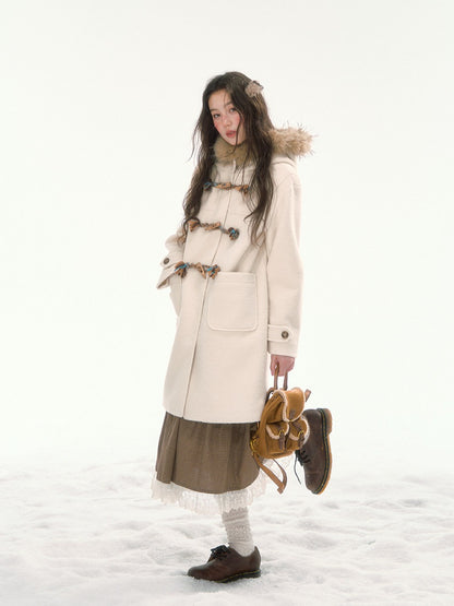 CANSTORE - "Winterland Journey" Ivory Hooded Wool-Blend Coat with Detachable Faux Fur Collar