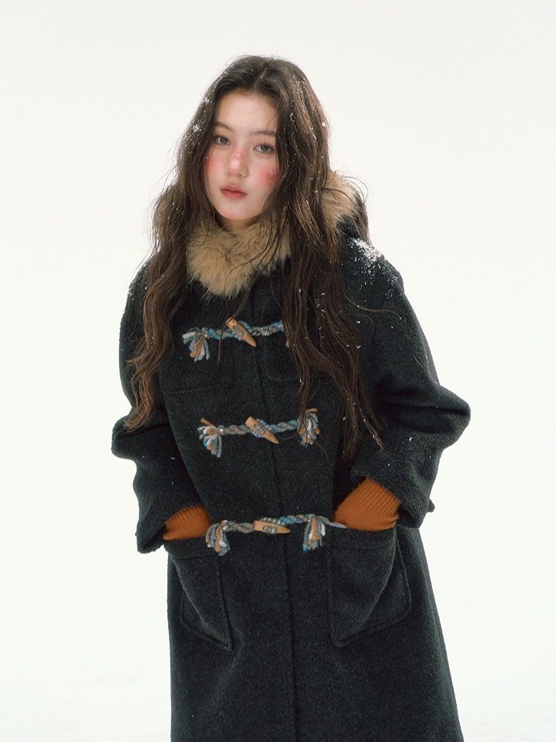 CANSTORE - "Winterland Journey" Black Hooded Wool-Blend Coat with Detachable Faux Fur Collar