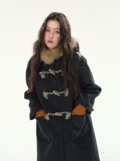 CANSTORE - "Winterland Journey" Black Hooded Wool-Blend Coat with Detachable Faux Fur Collar