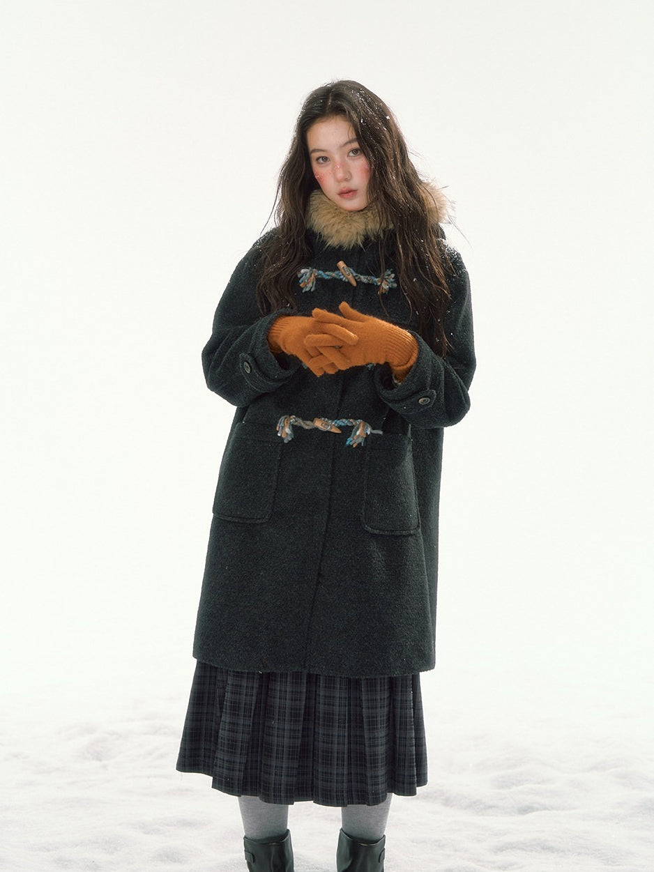 CANSTORE - "Winterland Journey" Black Hooded Wool-Blend Coat with Detachable Faux Fur Collar