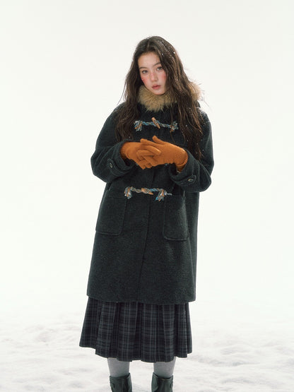 CANSTORE - "Winterland Journey" Black Hooded Wool-Blend Coat with Detachable Faux Fur Collar