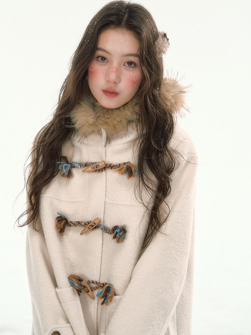 CANSTORE - "Winterland Journey" Ivory Hooded Wool-Blend Coat with Detachable Faux Fur Collar