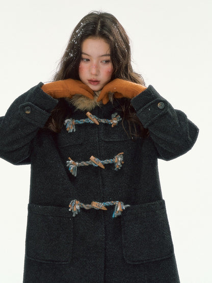 CANSTORE - "Winterland Journey" Black Hooded Wool-Blend Coat with Detachable Faux Fur Collar