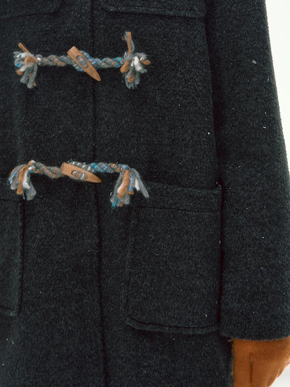 CANSTORE - "Winterland Journey" Black Hooded Wool-Blend Coat with Detachable Faux Fur Collar