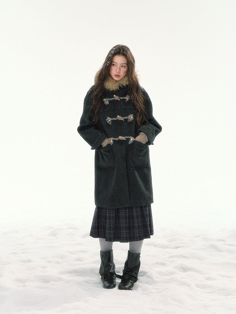CANSTORE - "Winterland Journey" Black Hooded Wool-Blend Coat with Detachable Faux Fur Collar