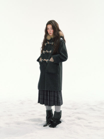 CANSTORE - "Winterland Journey" Black Hooded Wool-Blend Coat with Detachable Faux Fur Collar