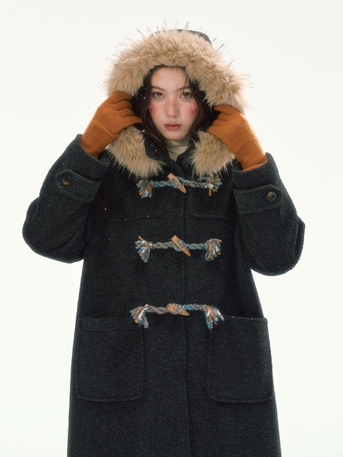 CANSTORE - "Winterland Journey" Black Hooded Wool-Blend Coat with Detachable Faux Fur Collar
