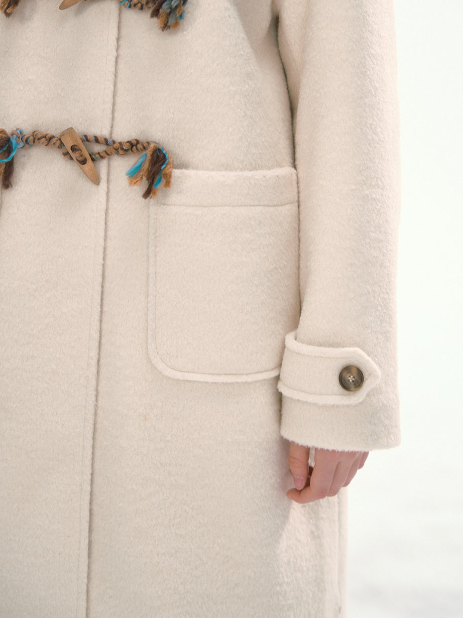 CANSTORE - "Winterland Journey" Ivory Hooded Wool-Blend Coat with Detachable Faux Fur Collar