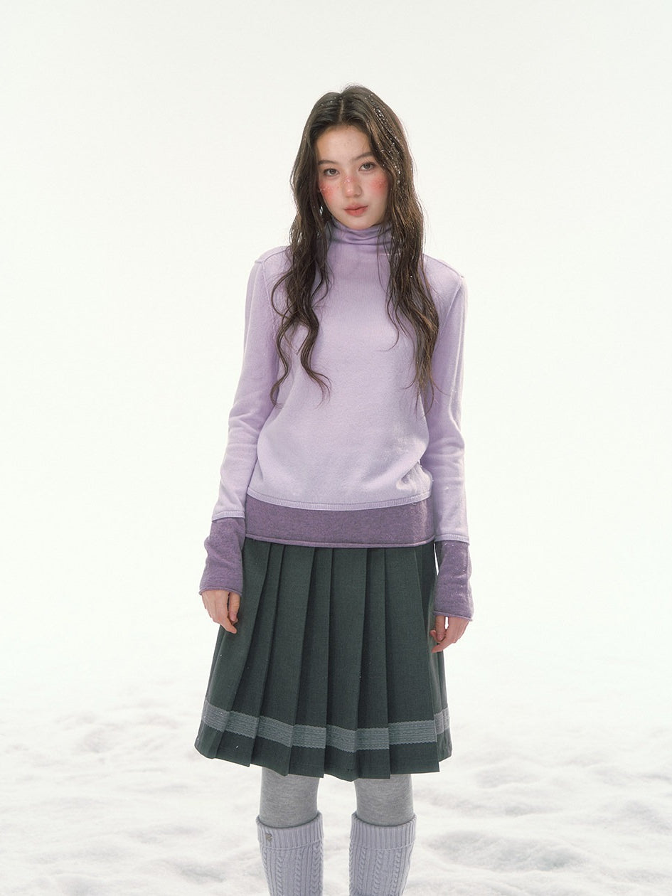 CANSTORE - "Winter Gramophone" Purple Color-Block Mock Neck Wool-Blend Knit Top