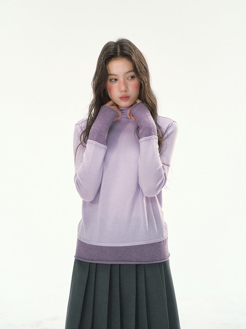 CANSTORE - "Winter Gramophone" Purple Color-Block Mock Neck Wool-Blend Knit Top