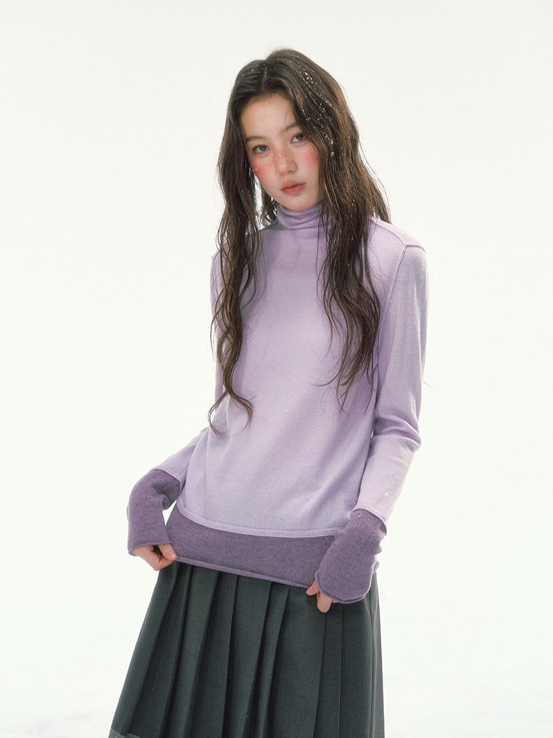 CANSTORE - "Winter Gramophone" Purple Color-Block Mock Neck Wool-Blend Knit Top