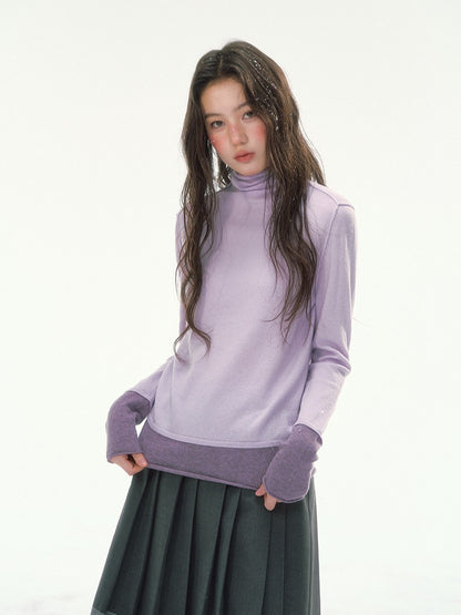 CANSTORE - "Winter Gramophone" Purple Color-Block Mock Neck Wool-Blend Knit Top