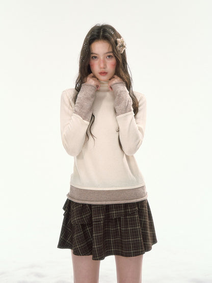 CANSTORE - "Winter Gramophone" Ivory Color-Block Mock Neck Wool-Blend Knit Top