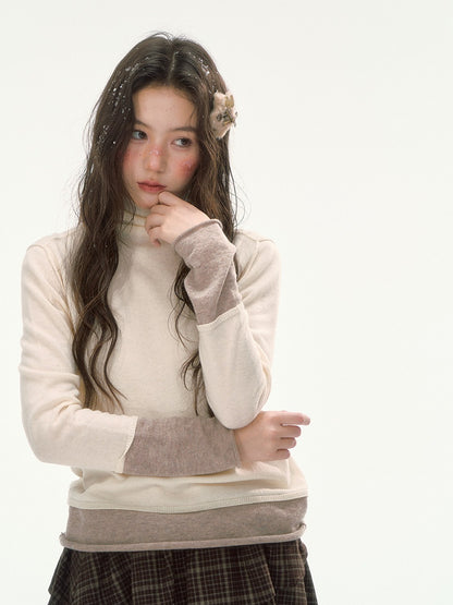 CANSTORE - "Winter Gramophone" Ivory Color-Block Mock Neck Wool-Blend Knit Top
