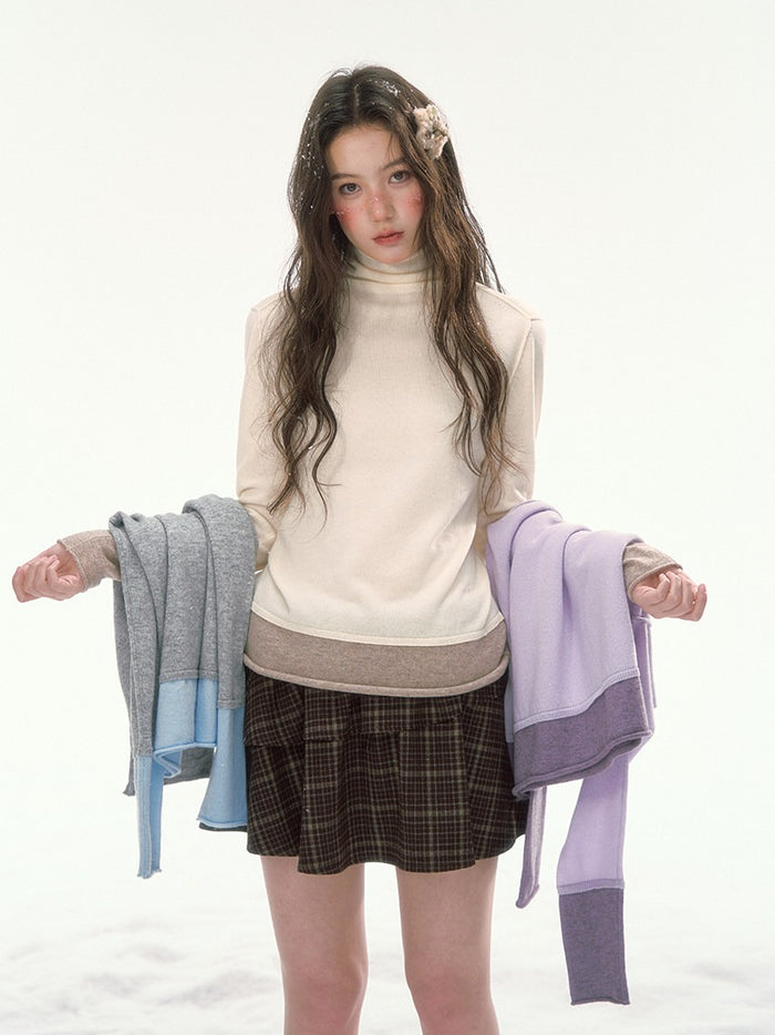 CANSTORE - "Winter Gramophone" Ivory Color-Block Mock Neck Wool-Blend Knit Top