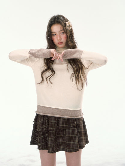 CANSTORE - "Winter Gramophone" Ivory Color-Block Mock Neck Wool-Blend Knit Top