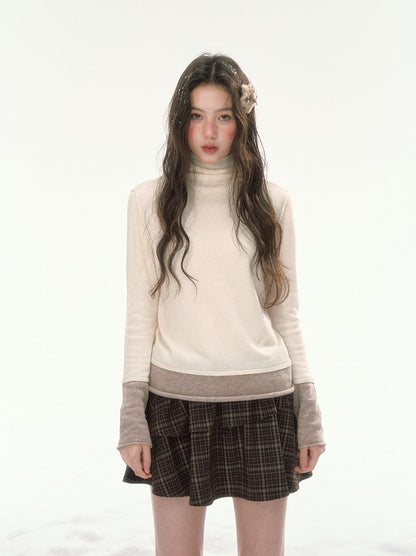 CANSTORE - "Winter Gramophone" Ivory Color-Block Mock Neck Wool-Blend Knit Top