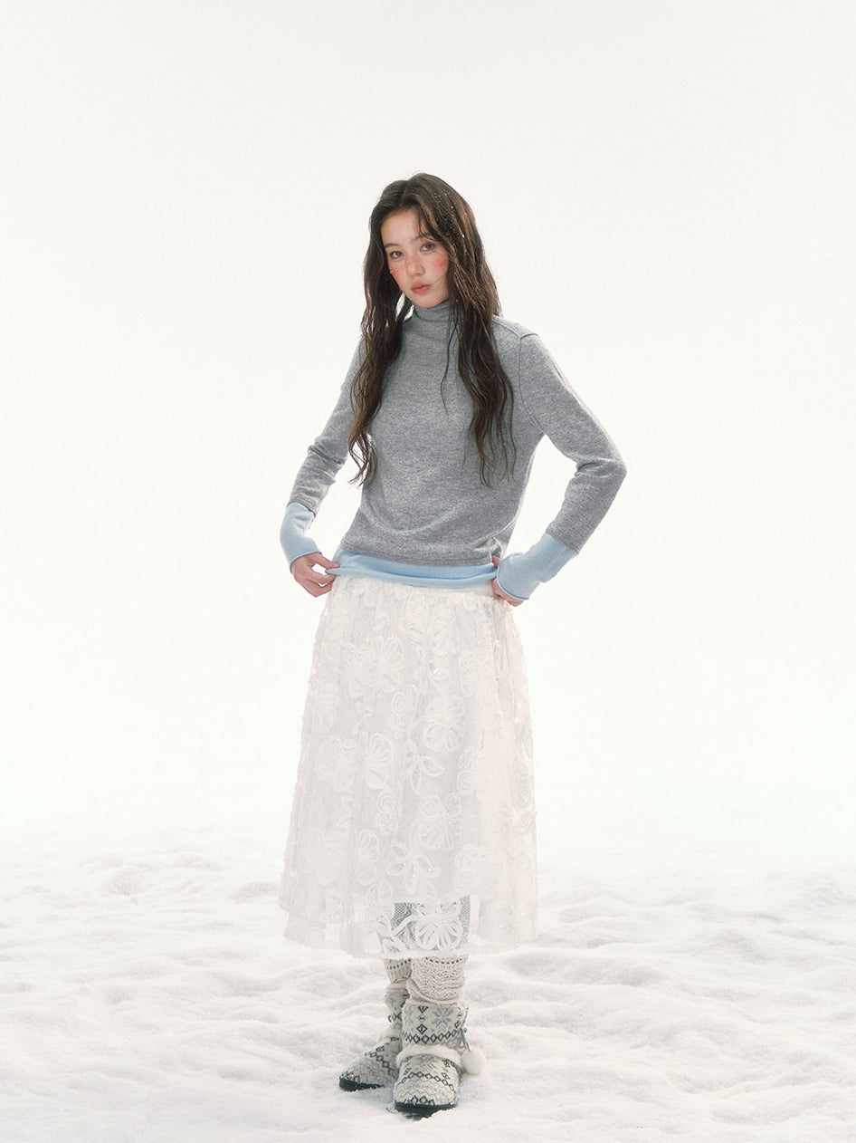 CANSTORE - "Winter Gramophone" Heather Gray Color-Block Mock Neck Wool-Blend Knit Top