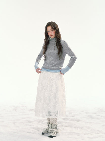 CANSTORE - "Winter Gramophone" Heather Gray Color-Block Mock Neck Wool-Blend Knit Top