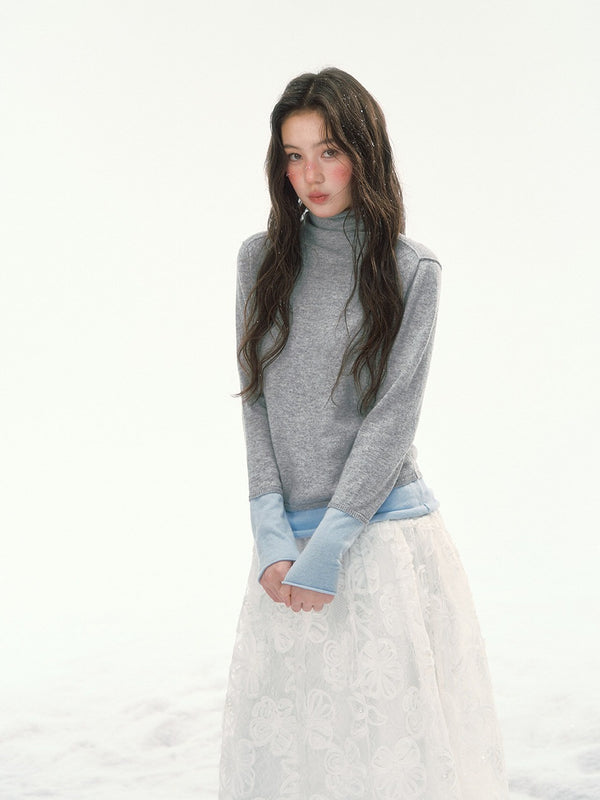 CANSTORE - "Winter Gramophone" Heather Gray Color-Block Mock Neck Wool-Blend Knit Top