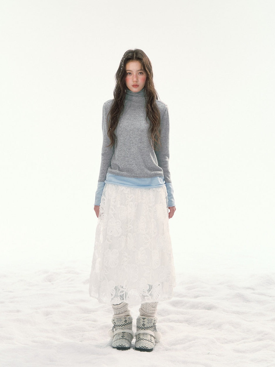 CANSTORE - "Winter Gramophone" Heather Gray Color-Block Mock Neck Wool-Blend Knit Top