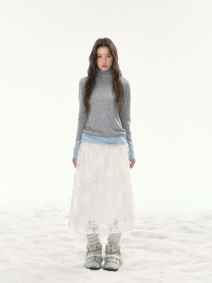 CANSTORE - "Winter Gramophone" Heather Gray Color-Block Mock Neck Wool-Blend Knit Top