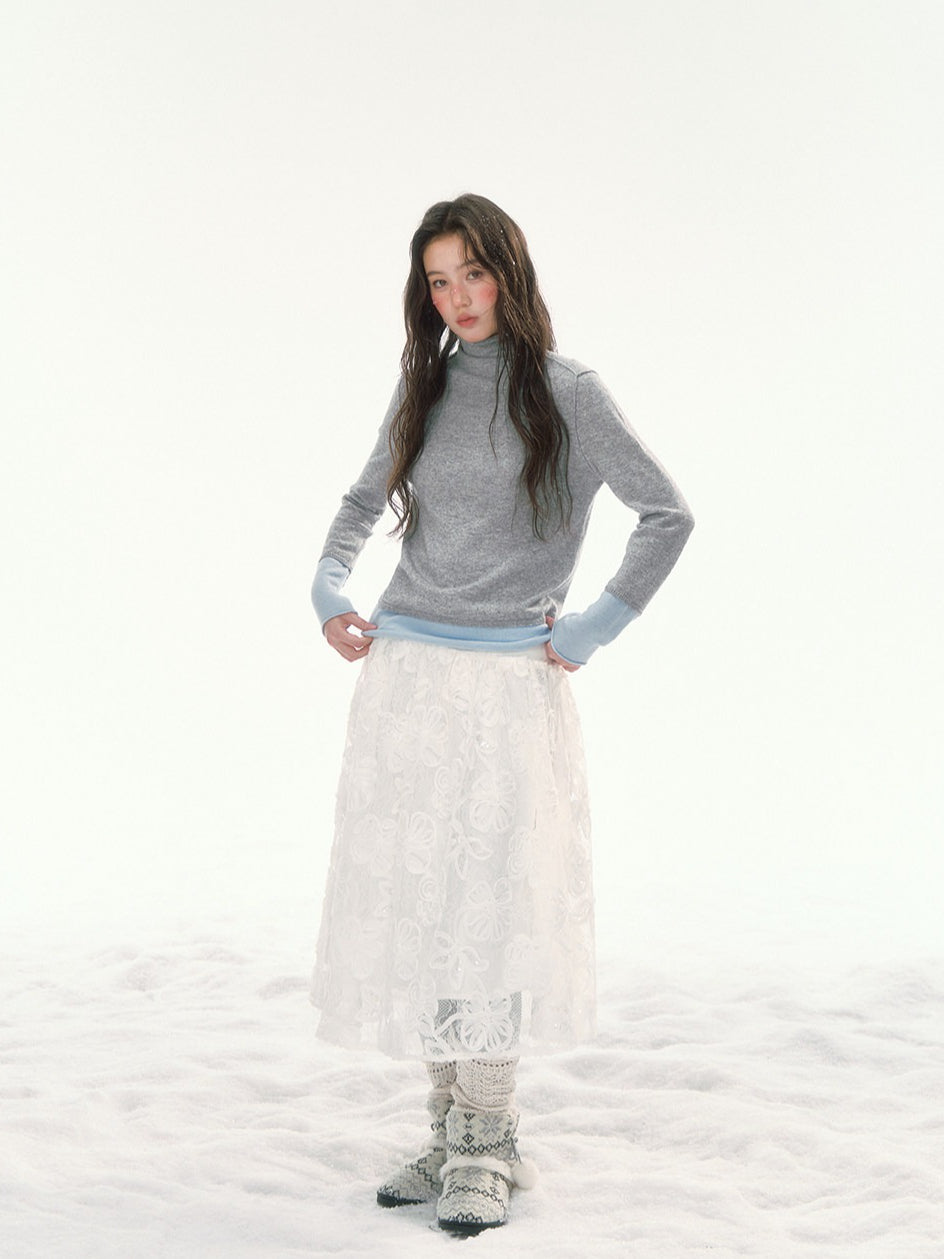 CANSTORE - "Winter Gramophone" Heather Gray Color-Block Mock Neck Wool-Blend Knit Top
